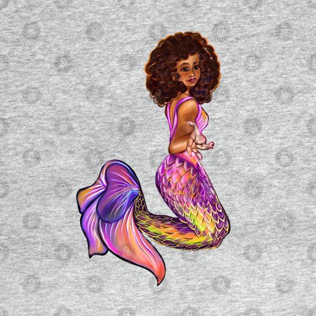 Mermaid  with rainbow coloured colored fins, outstretched  arm, brown eyes, Curly hair  and caramel brown skin - light background by Artonmytee